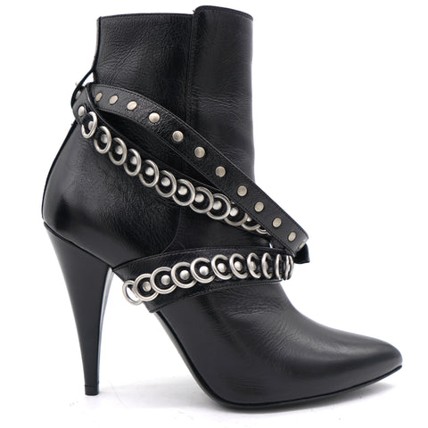 Black Leather Lace Up Pointed Toe Ankle Booties 37