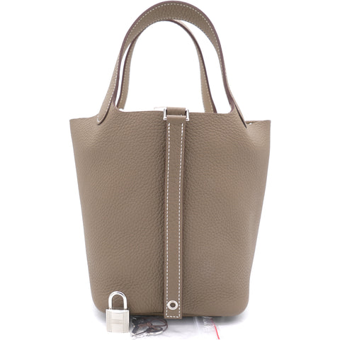 Etoupe Clemence Leather Picotin Lock 18 Bag