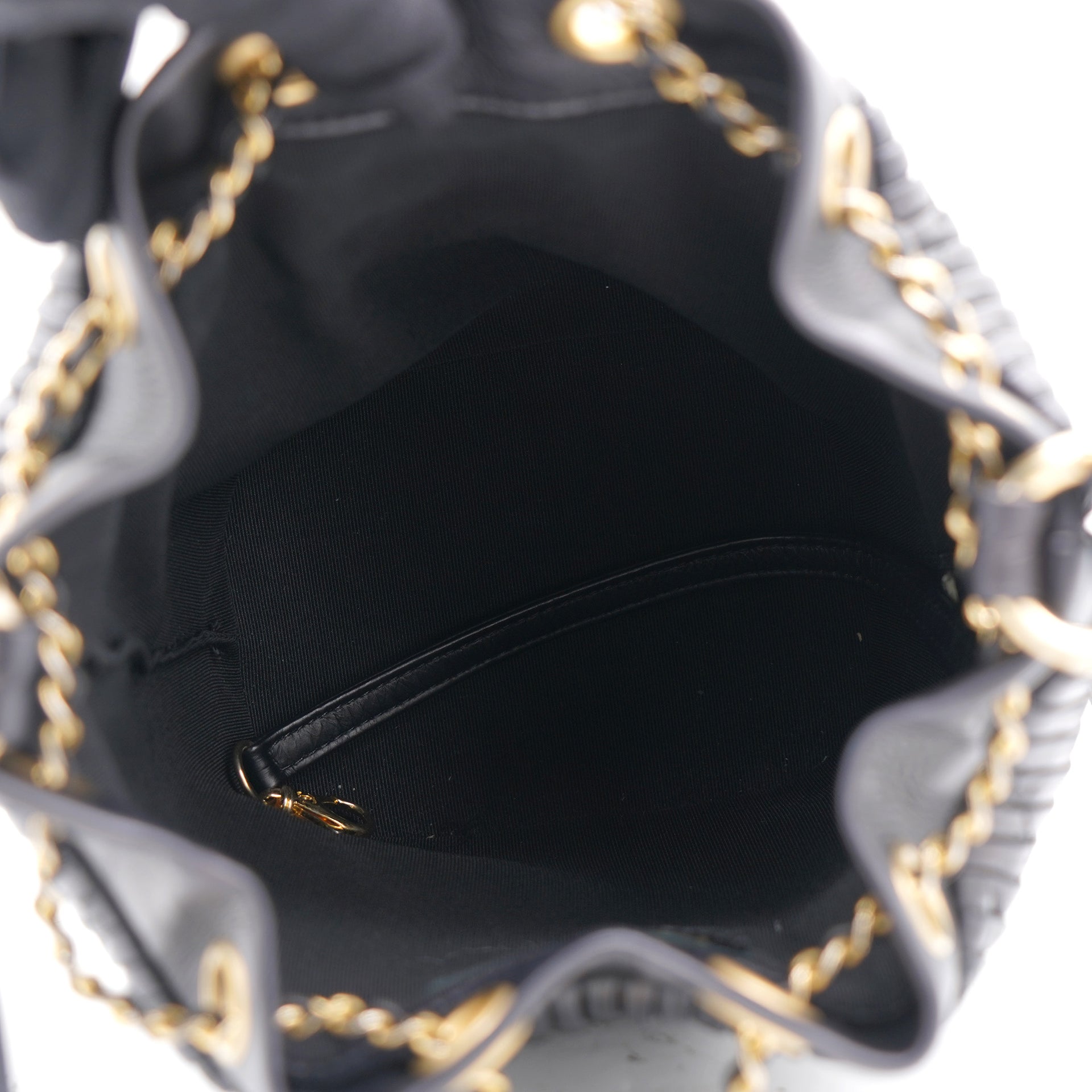Black Pleated Leather CC Drawstring Bucket Bag