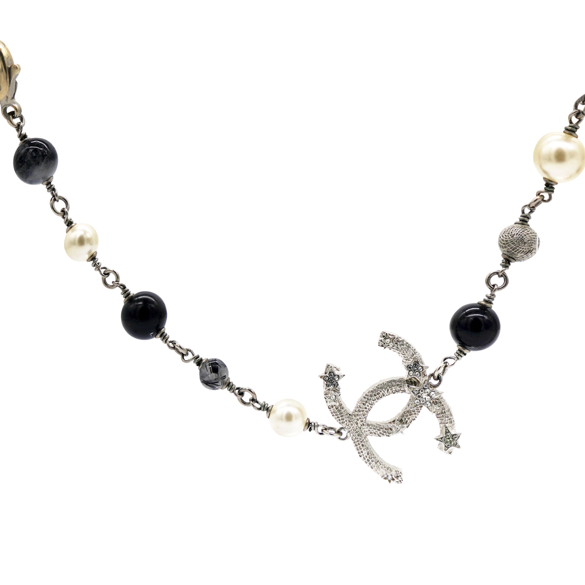 White Imitation Pearl, Black Bead and Silver Metal CC Station Necklace, 2013