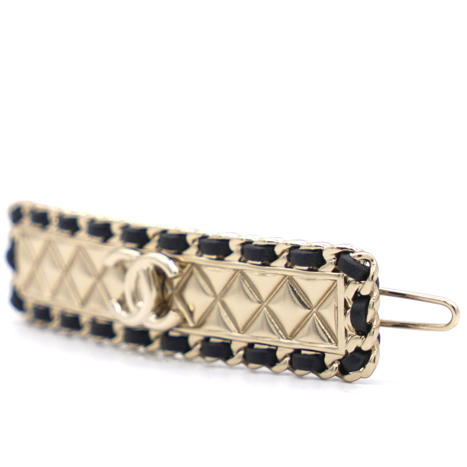 Quilted Gold Tone Black Chain Edging Details Hair Clip