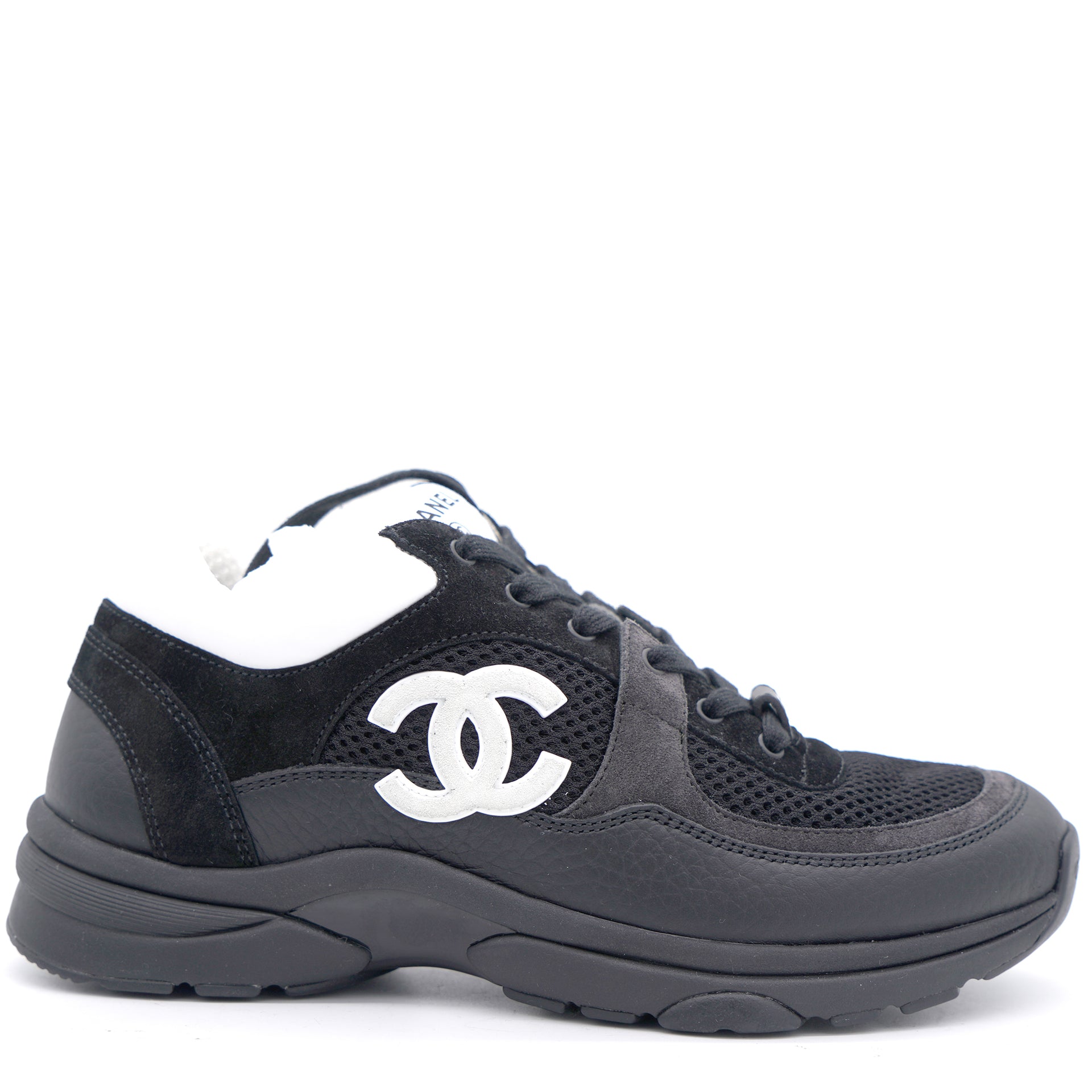 Chanel All Black Leather and Fabric CC Low-Top Sneakers 37