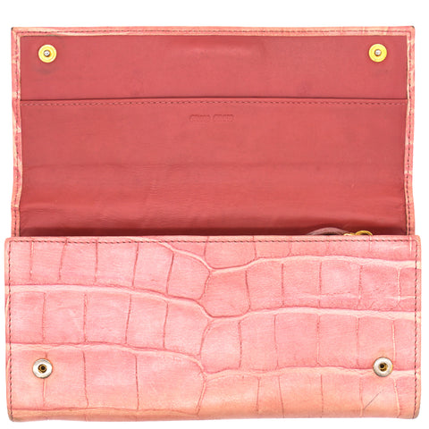 Pink Croc Embossed Leather Flap Continental Wallet