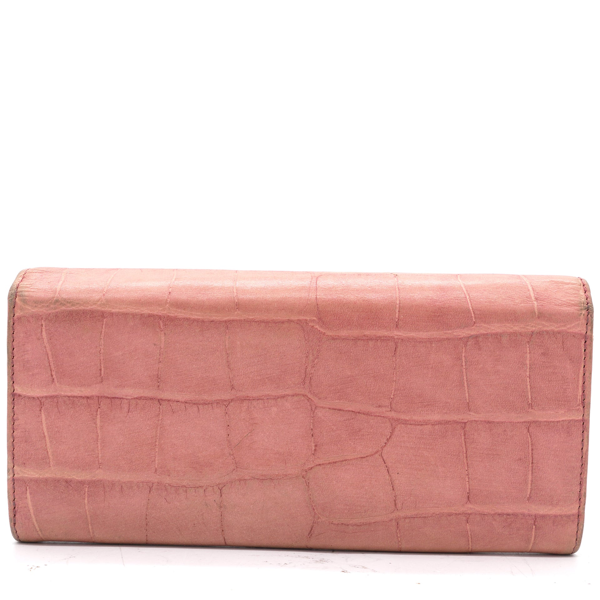 Pink Croc Embossed Leather Flap Continental Wallet