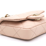 Pink Beige Quilted Caviar Leather Flap Card Holder with Belt Chain