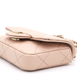 Pink Beige Quilted Caviar Leather Flap Card Holder with Belt Chain