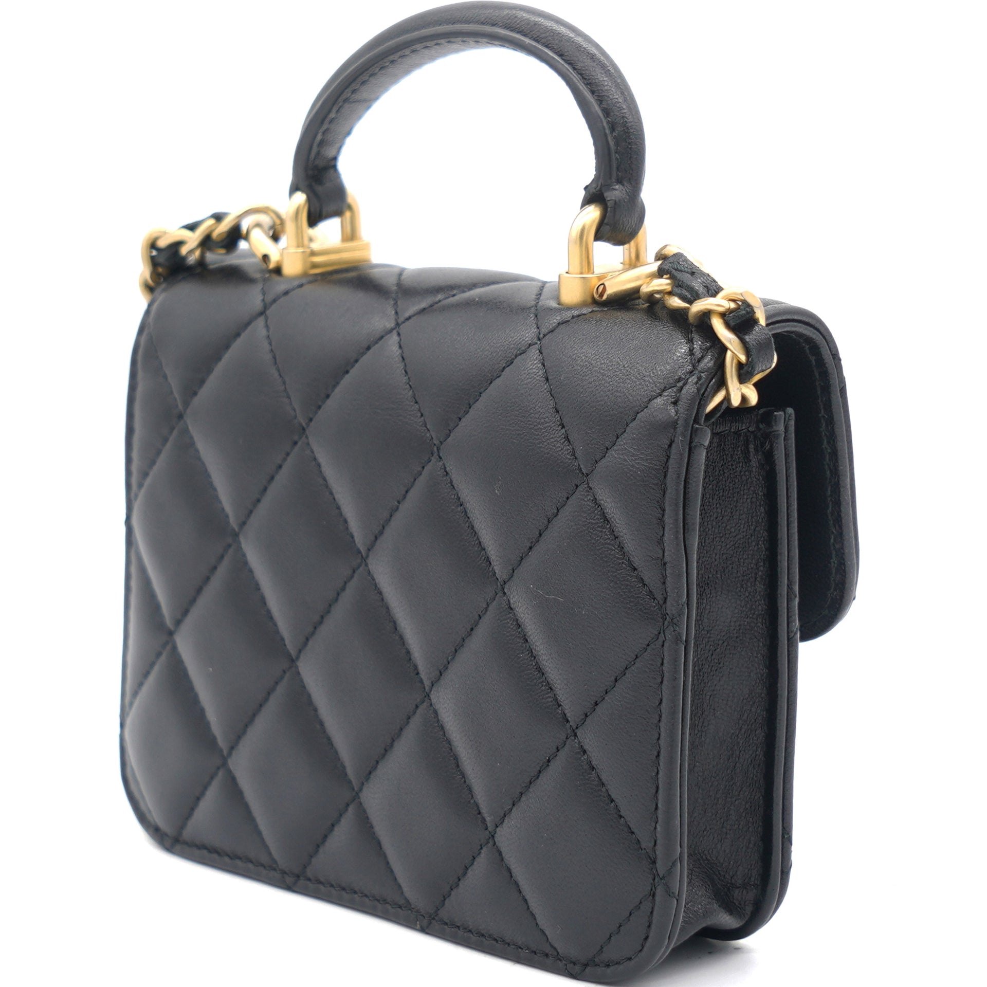 Black Quilted Leather Nano Top Handle Square Classic Flap Bag