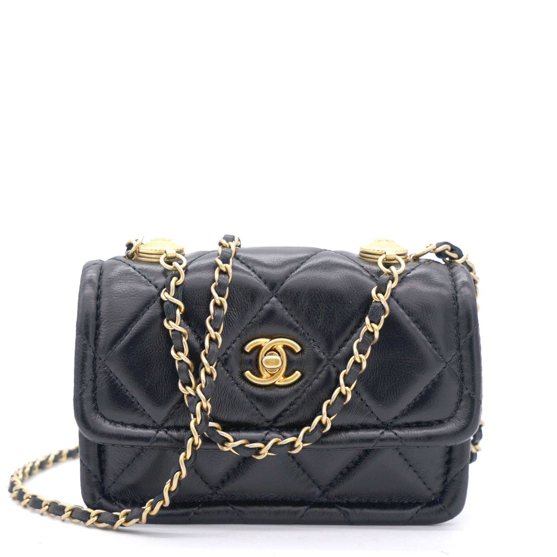 Chanel Lambskin Quilted Nano Flap Bag with button details Black – STYLISHTOP