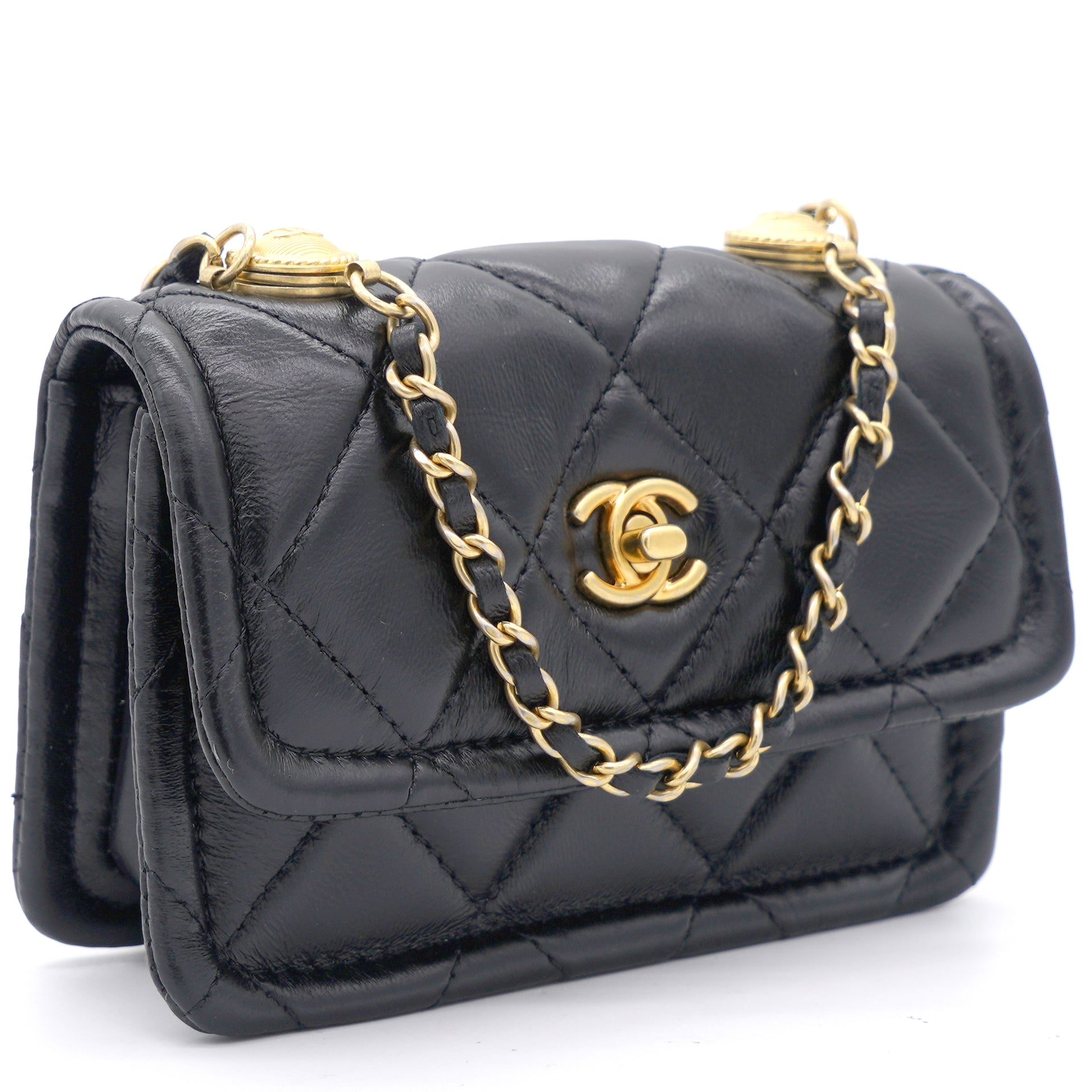 Chanel Lambskin Quilted Nano Flap Bag with button details Black