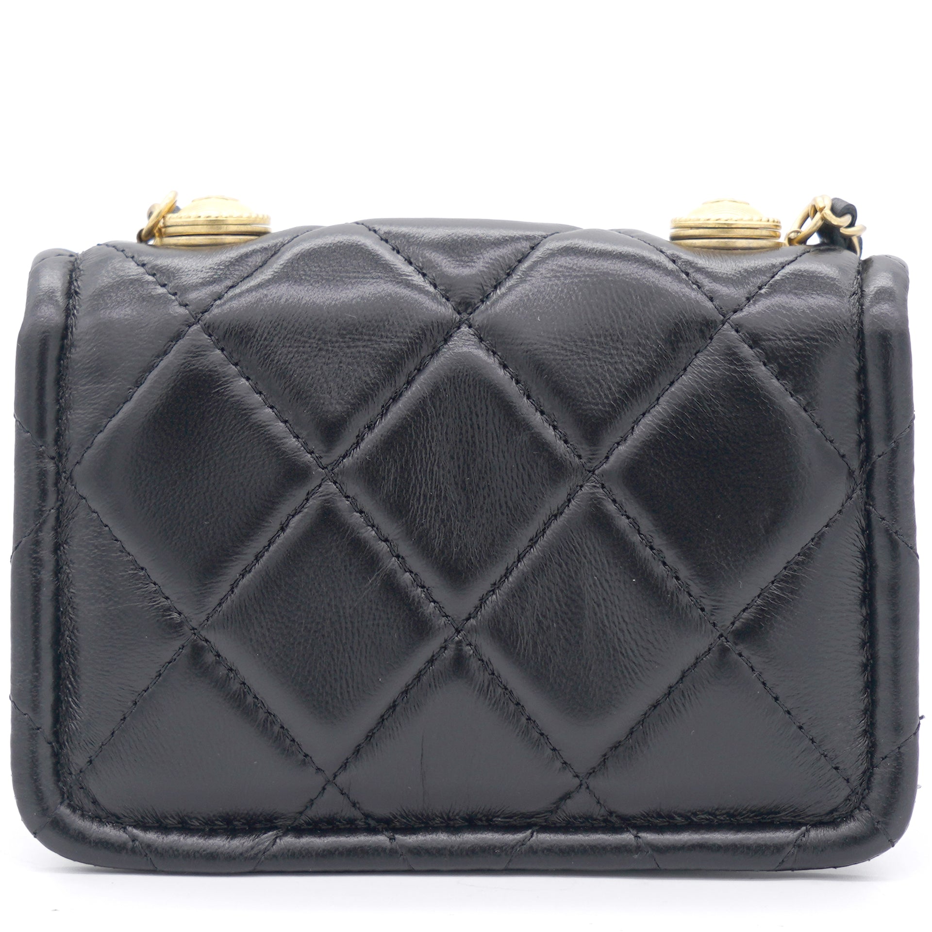 Chanel Lambskin Quilted Nano Flap Bag with button details Black