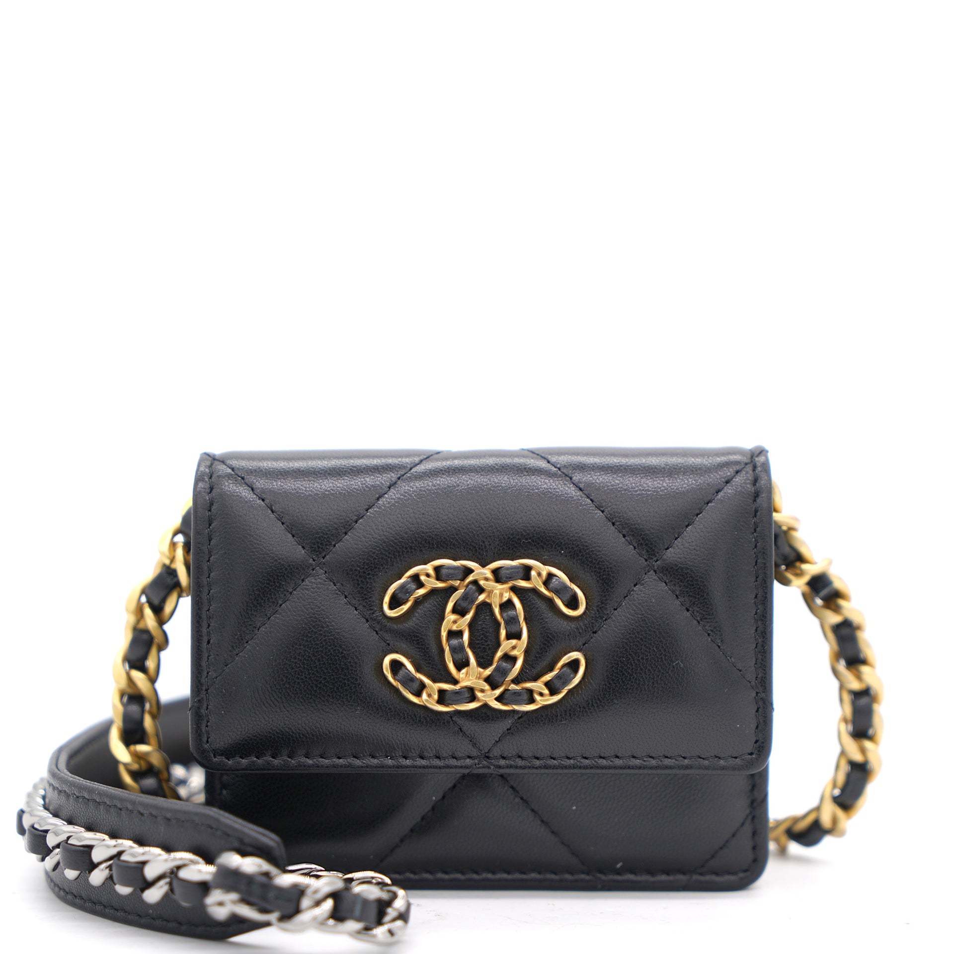 Chanel Black Quilted Lambskin Leather 19 Card Holder with Chain