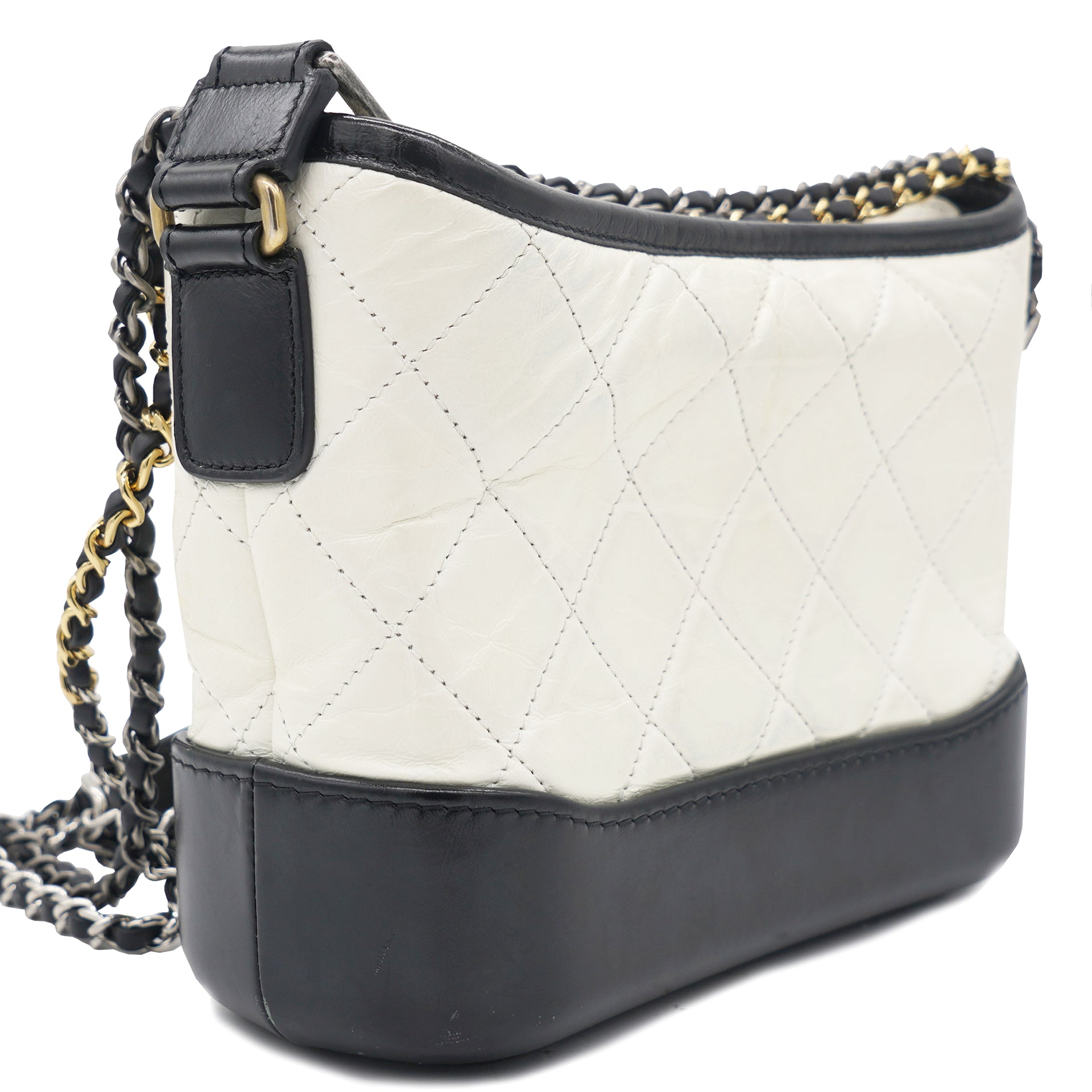 CHANEL White Black Quilted Aged Calfskin Large Gabrielle Hobo Bag Logo  Charm