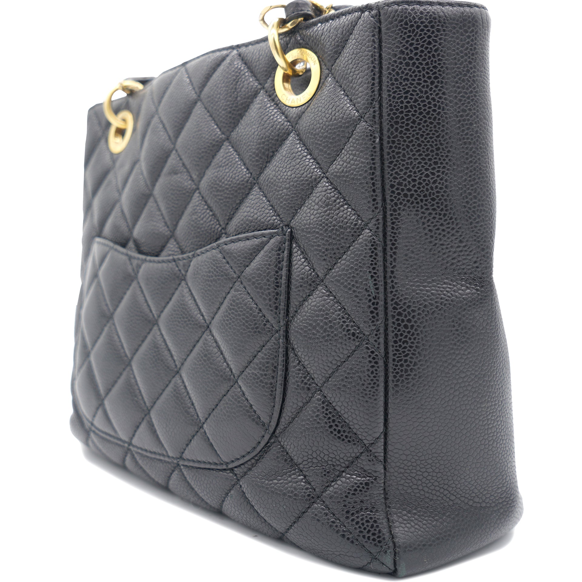 Black Quilted Caviar Leather Petite Shopping Tote