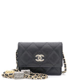 Black Quilted Caviar Leather Flap Card Holder with Charm Chain