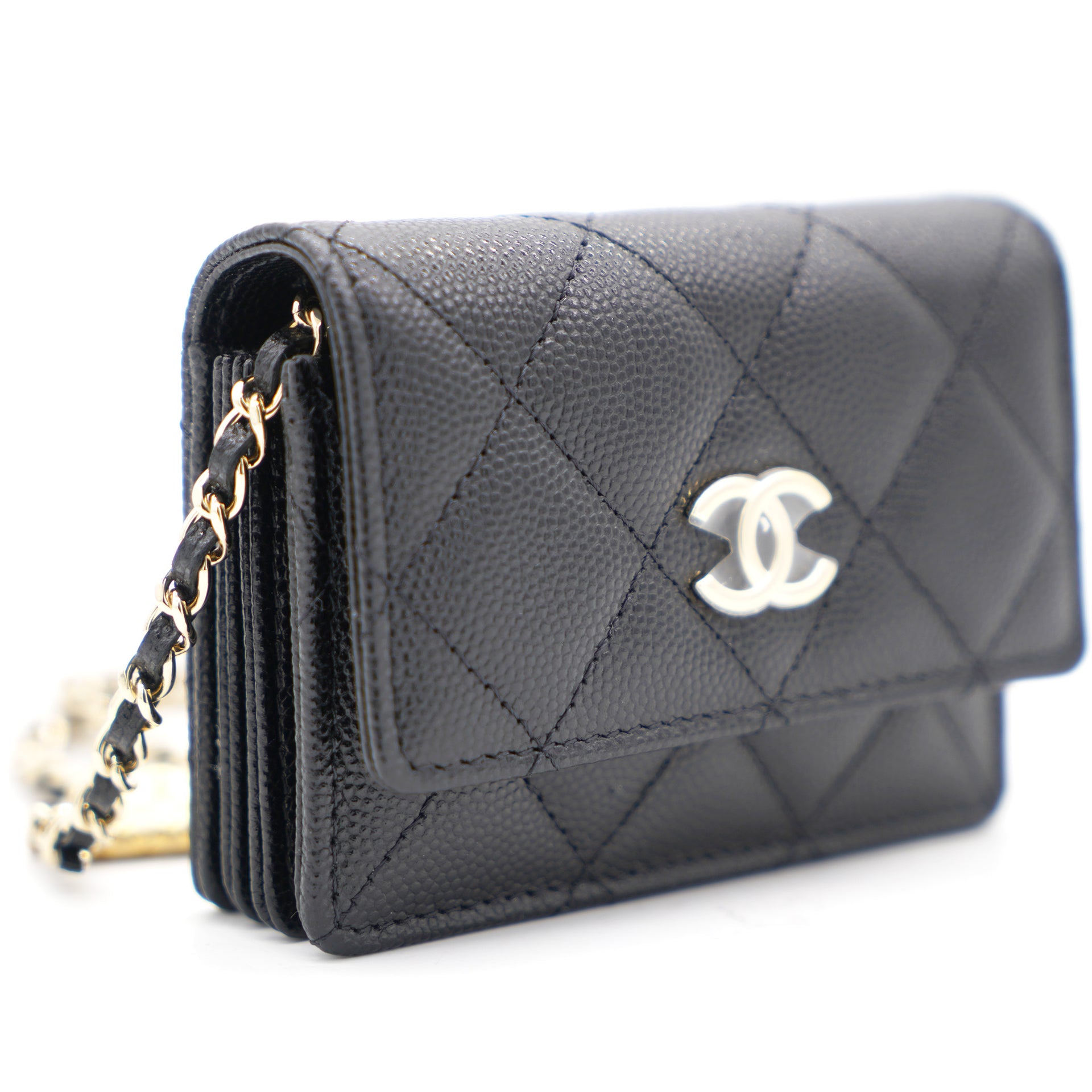 Chanel Black Quilted Caviar Leather Flap Card Holder with Charm