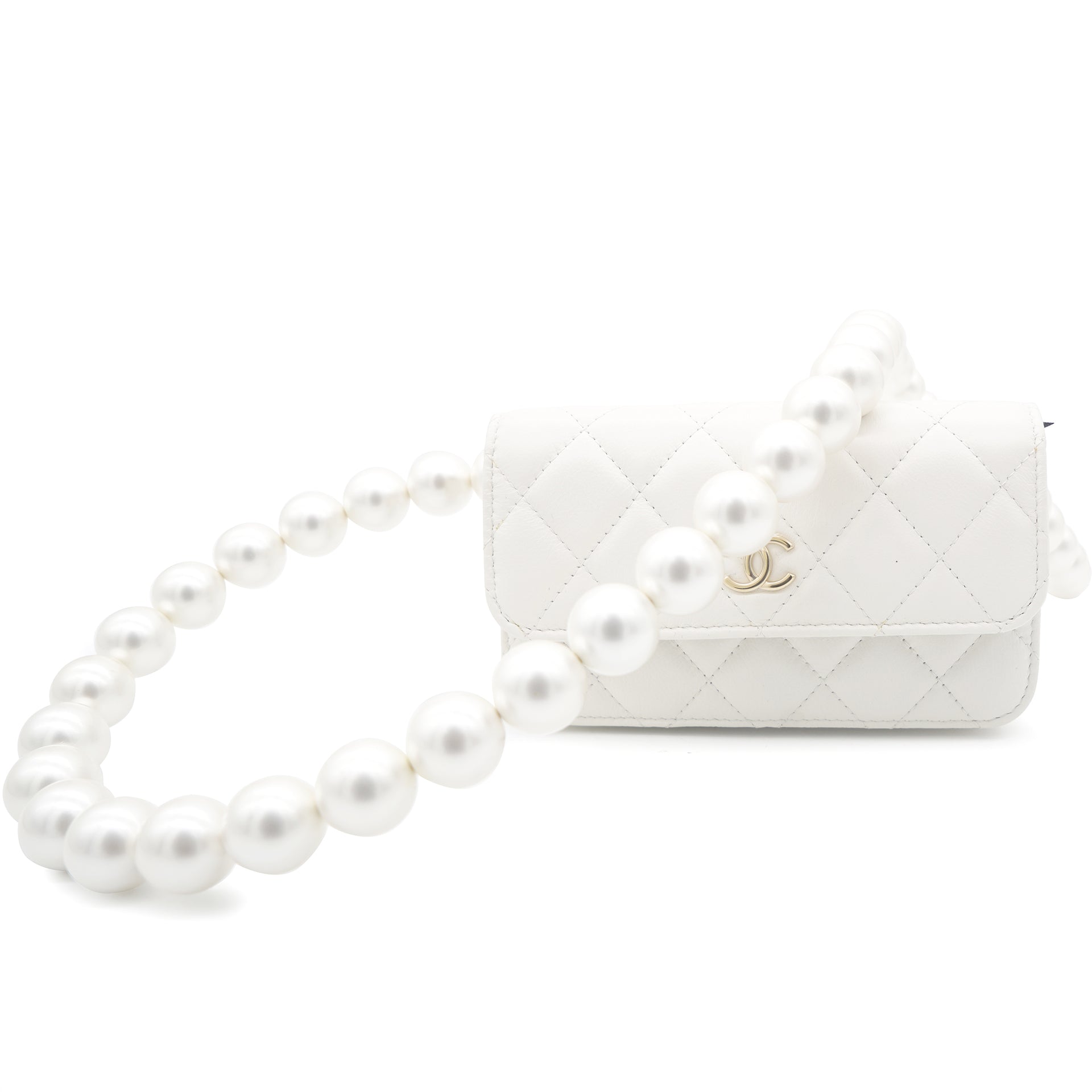 Calfskin Quilted Pearl Mini Wallet On Chain WOC White