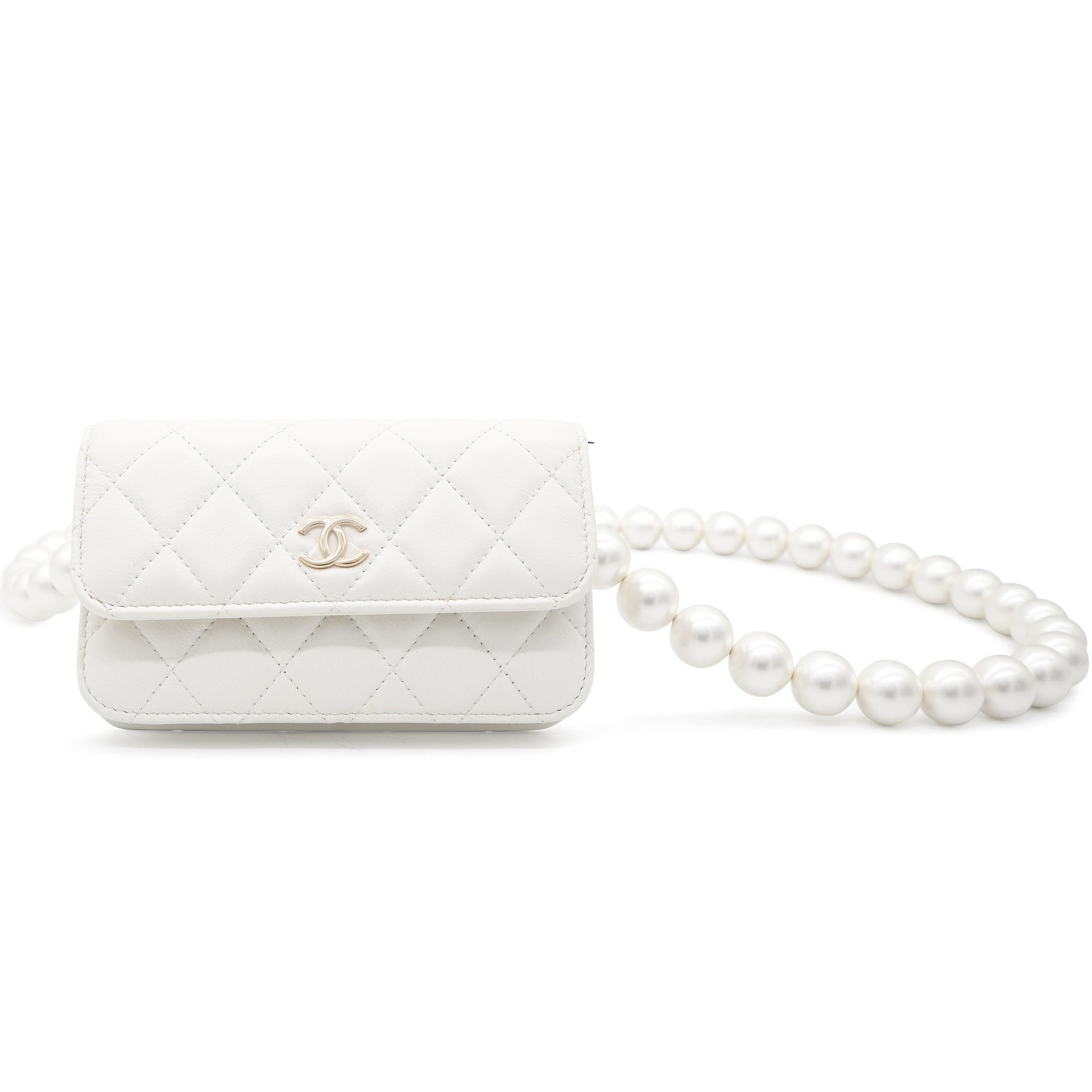 Chanel Calfskin Quilted Pearl Mini Wallet On Chain WOC White