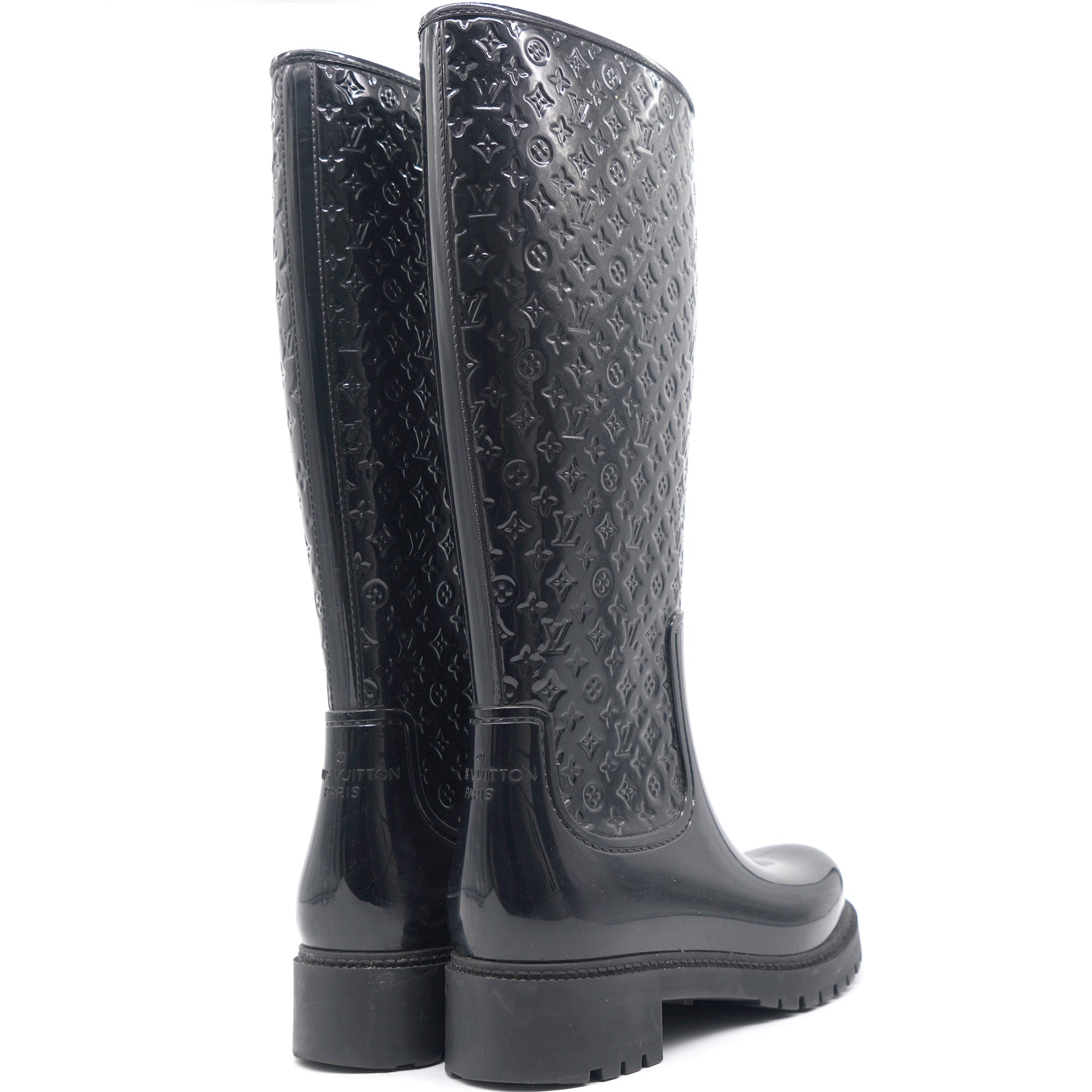 Louis Vuitton Women Black Rubber Rainboots Tall Wellington Boots