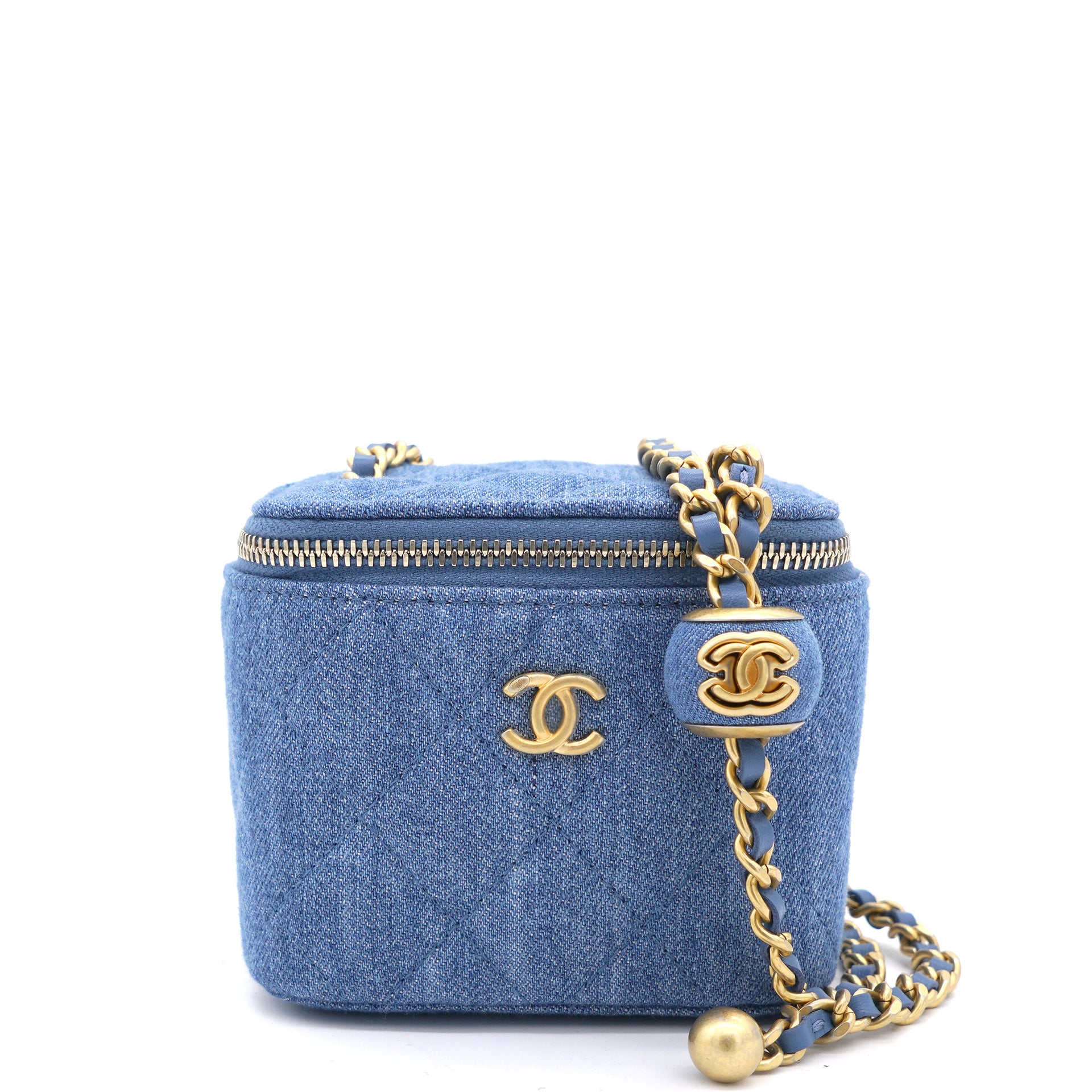 Chanel Handle With Care Round Vanity Case with Chain Quilted Caviar Small  White 1190171