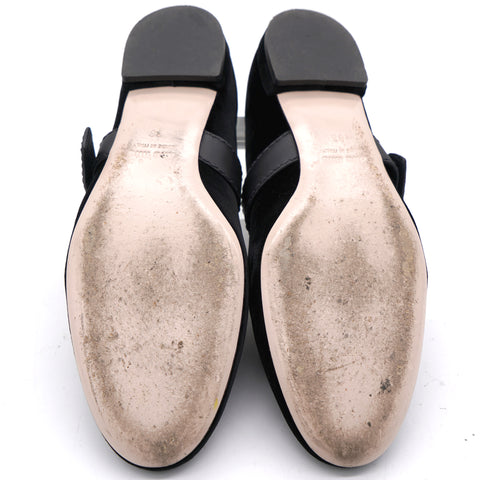 Black Velvet and Leather Crystal Embellished Strap Ballerina Flats 36