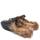 Black Leather and Fur Princetown Mule Sandals 37