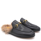 Black Leather and Fur Princetown Mule Sandals 37