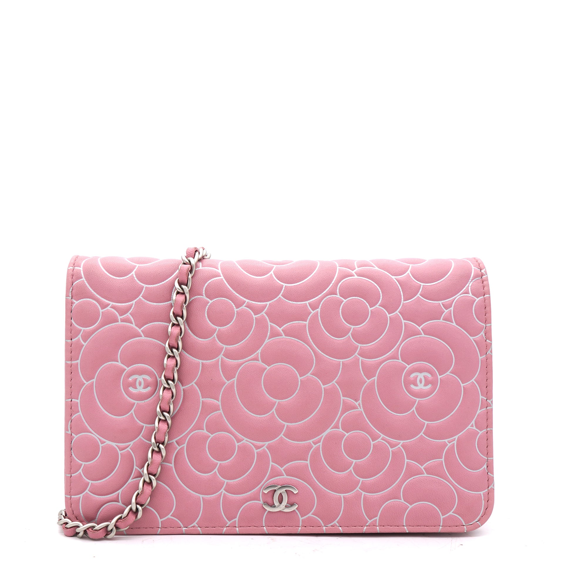 Chanel Pink/Metallic Silver Leather Camellia Wallet on Chain