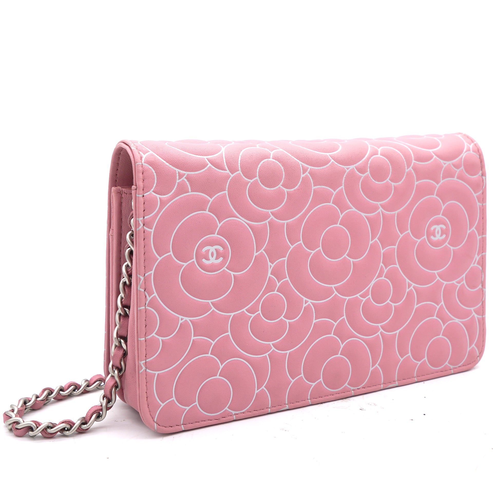 Pink/Metallic Silver Leather Camellia Wallet on Chain
