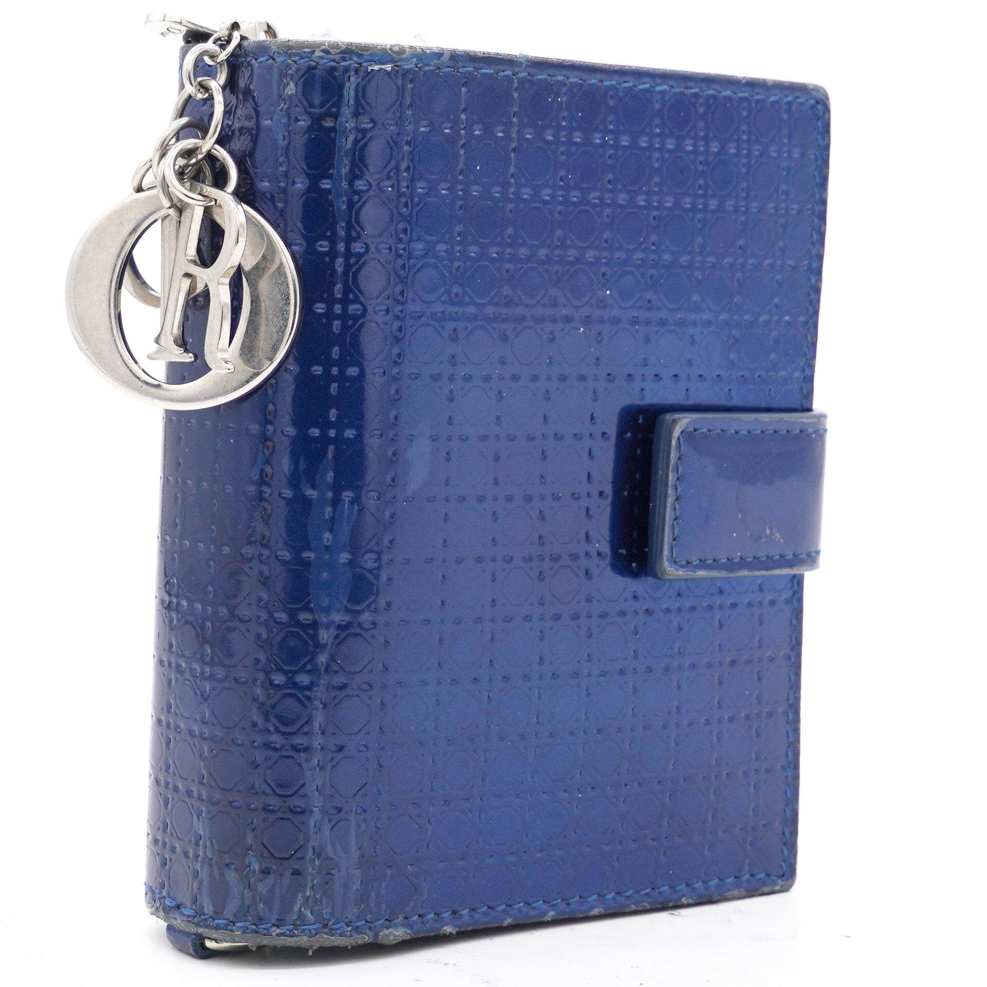 Metallic Blue Micro Cannage Leather Lady Dior Compact Wallet