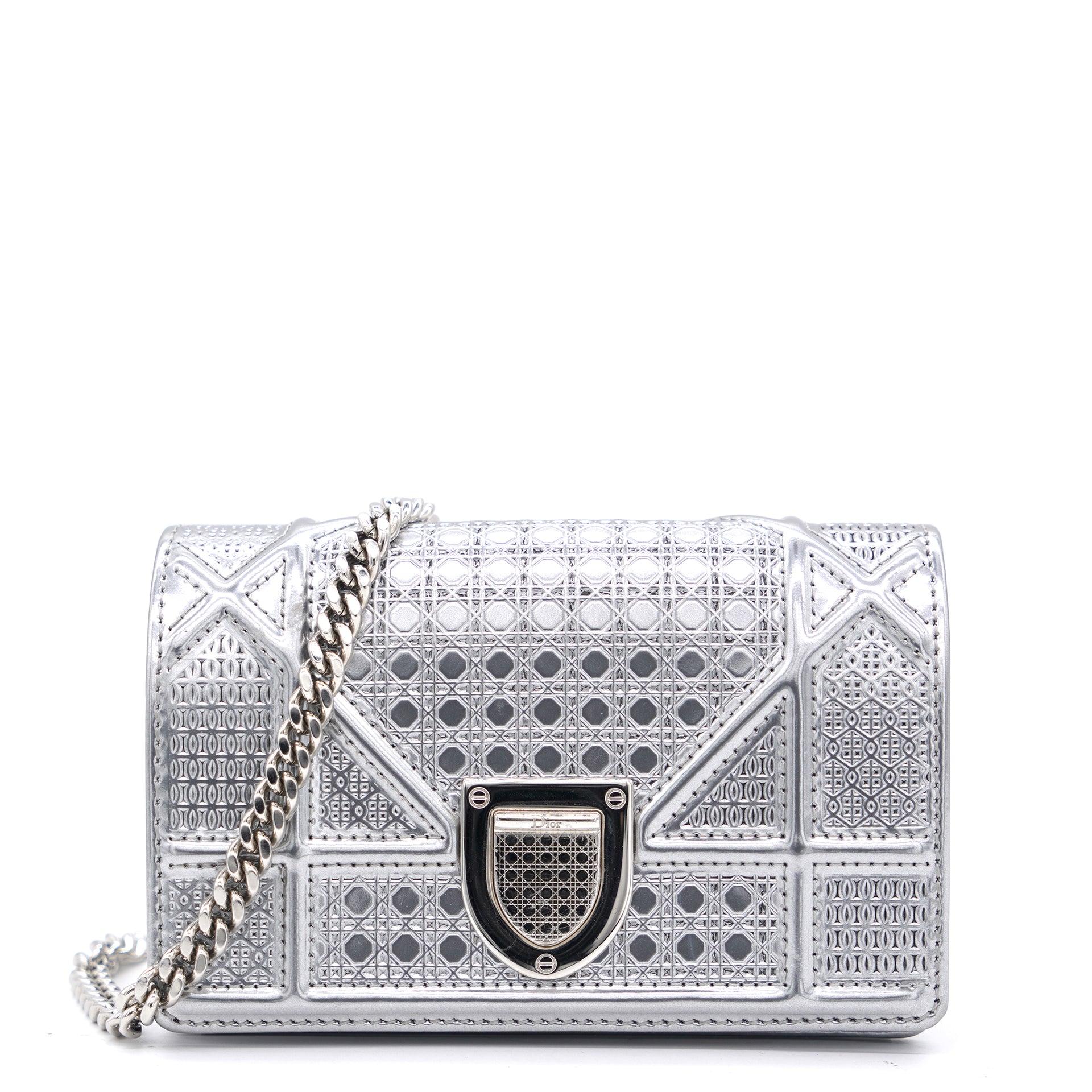 Christian Dior Patent Metallic Leather Micro Cannage Diorama Mini Bag Silver