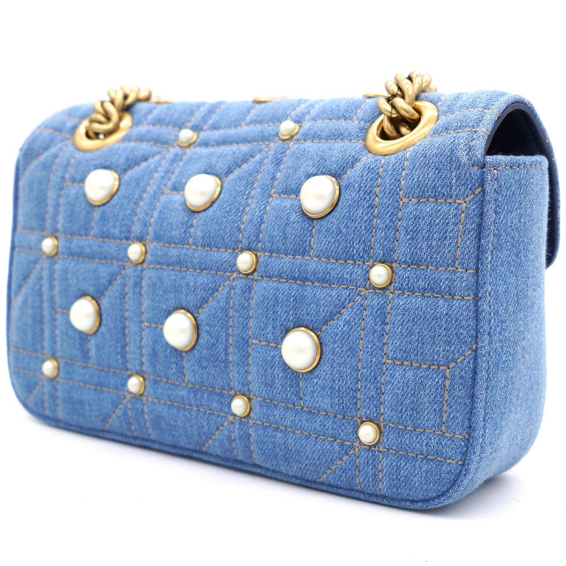 Blue Matelasse Denim Pearl Embellished GG Marmont Shoulder Bag