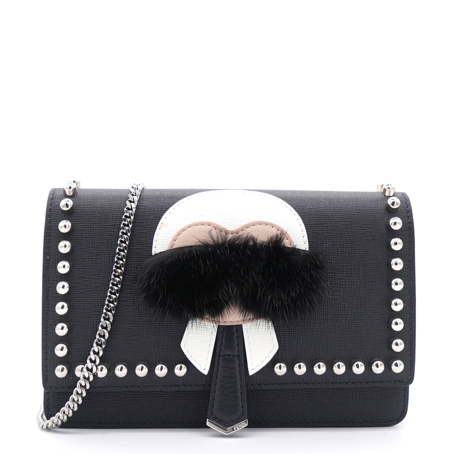 Fendi Karlito Collection Zip Leather  Fur Pouch