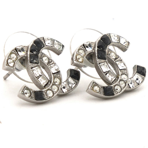 CC Logo Crystal Silver Tone Stud Earrings