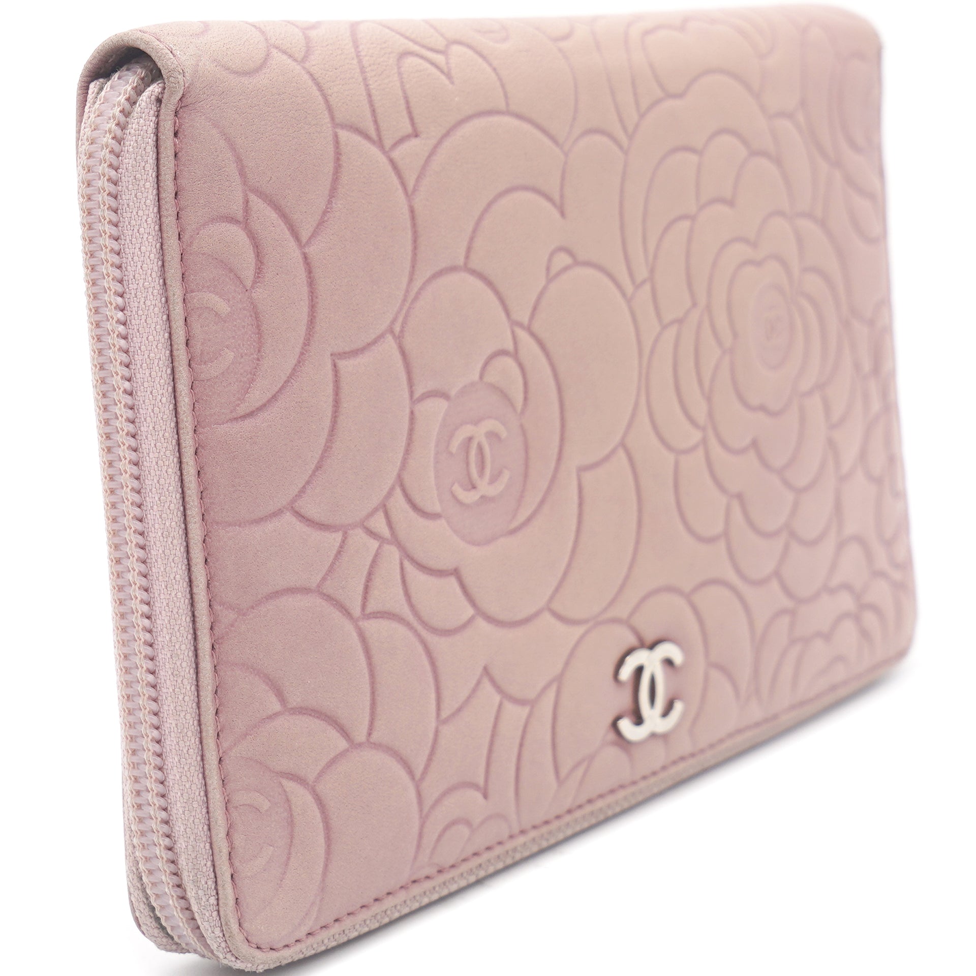 Chanel Clutch Lambskin Camellia Embossed Pink Wallet On A Chain