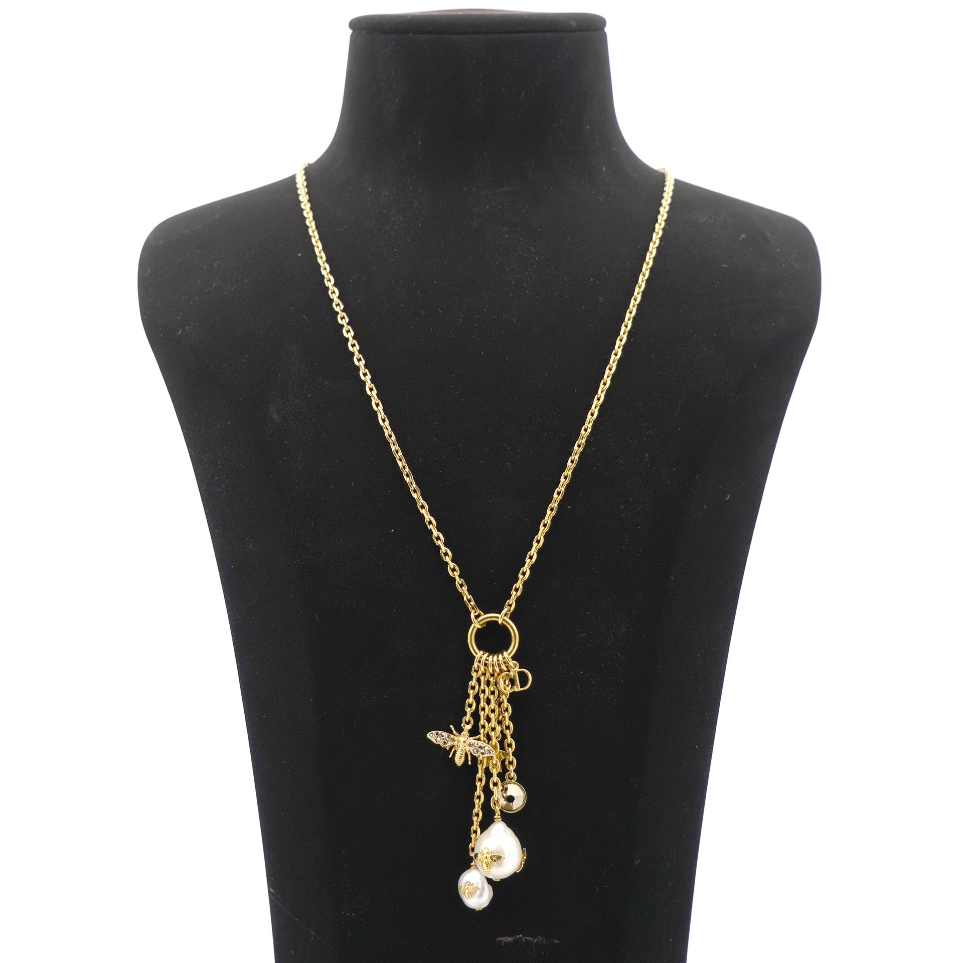 Gold-Finish Metal with a White Freshwater Pearl and Dark Crystals