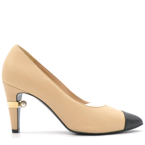 Beige/Black Leather And Grosgrain Cap Toe with Pearl Pumps 37.5