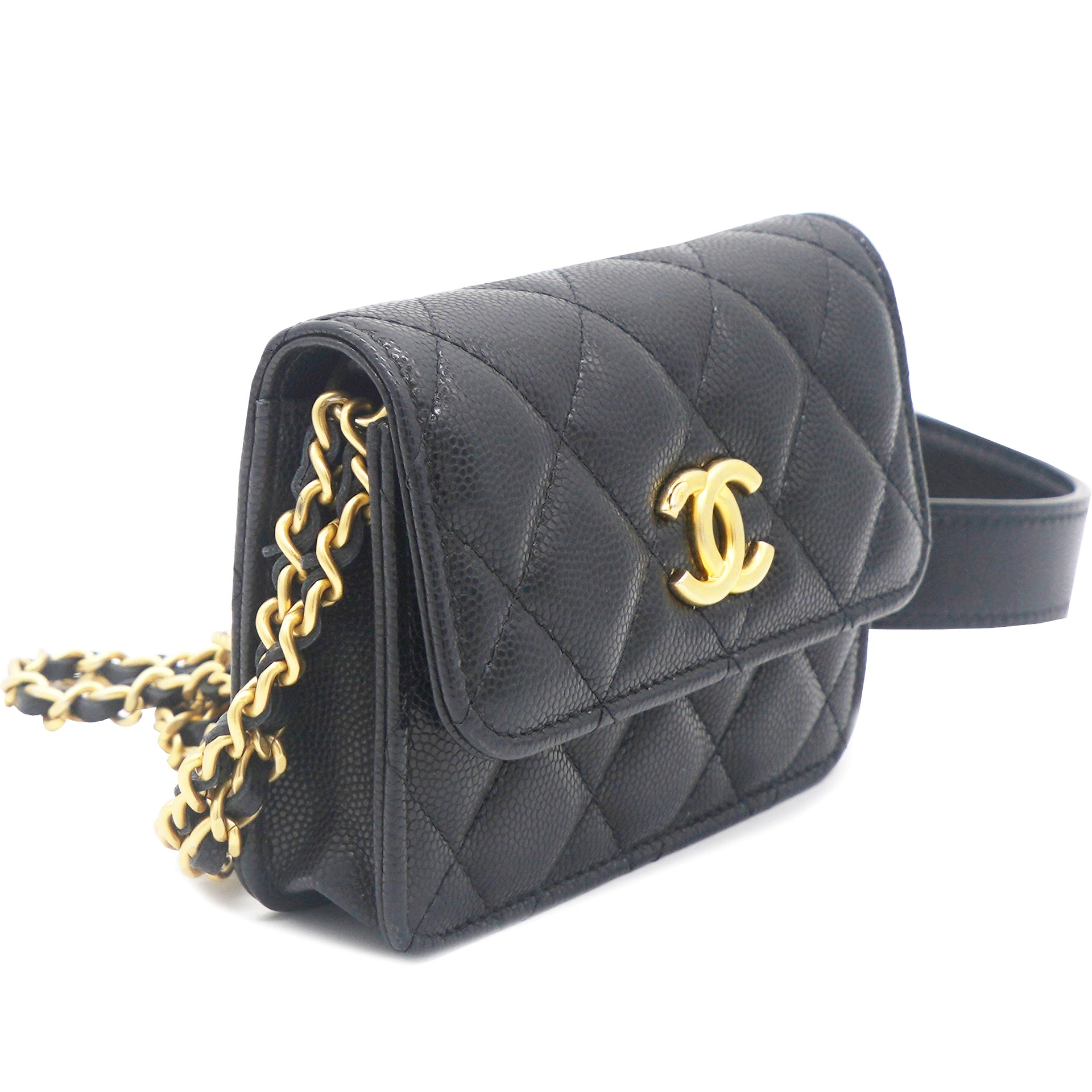 CHANEL Mini matelasse chain shoulder bag Caviar skin Black/Gold