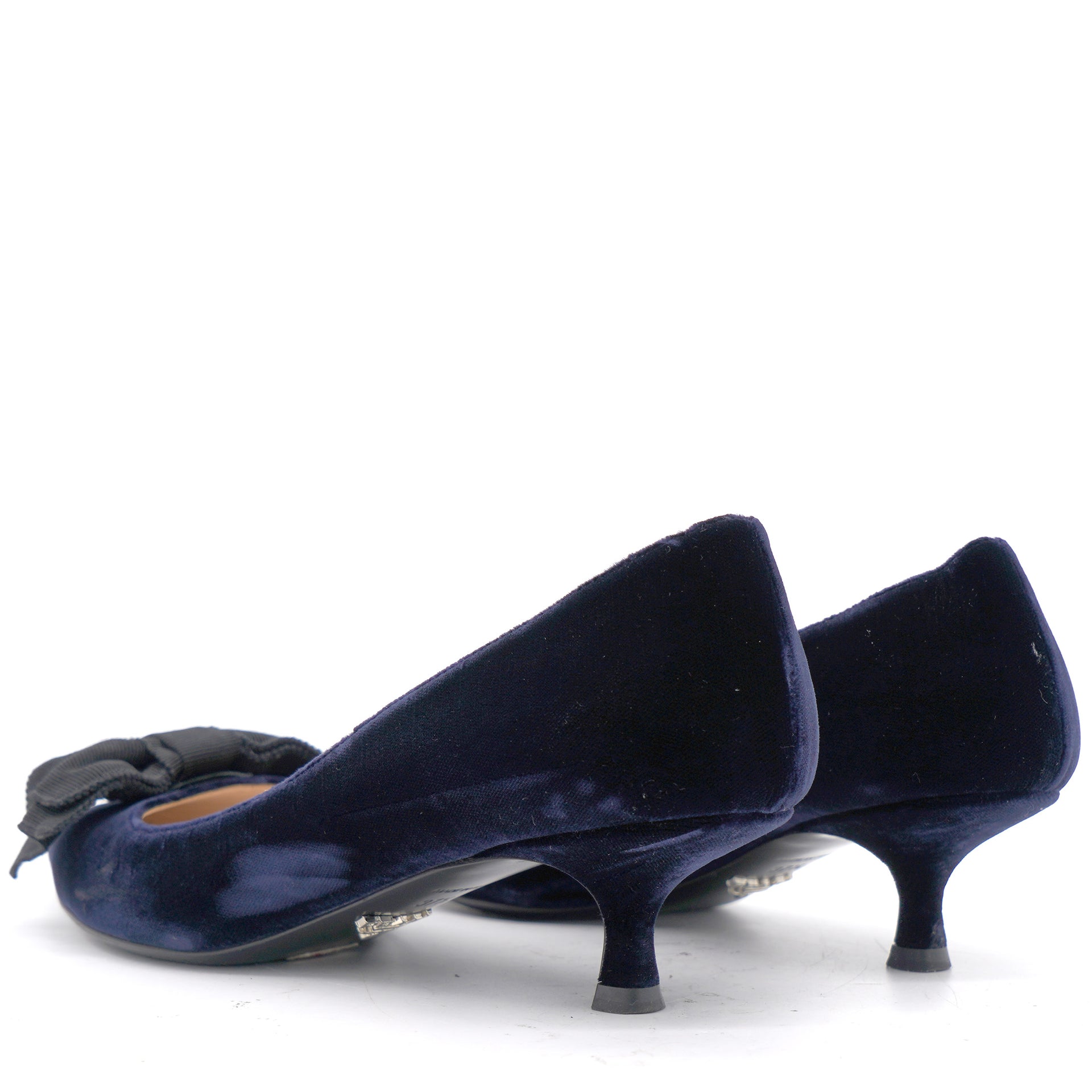 Navy Blue Velvet Black Bow Pointed Toe Kitten Heel Pumps 37.5