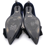 Navy Blue Velvet Black Bow Pointed Toe Kitten Heel Pumps 37.5