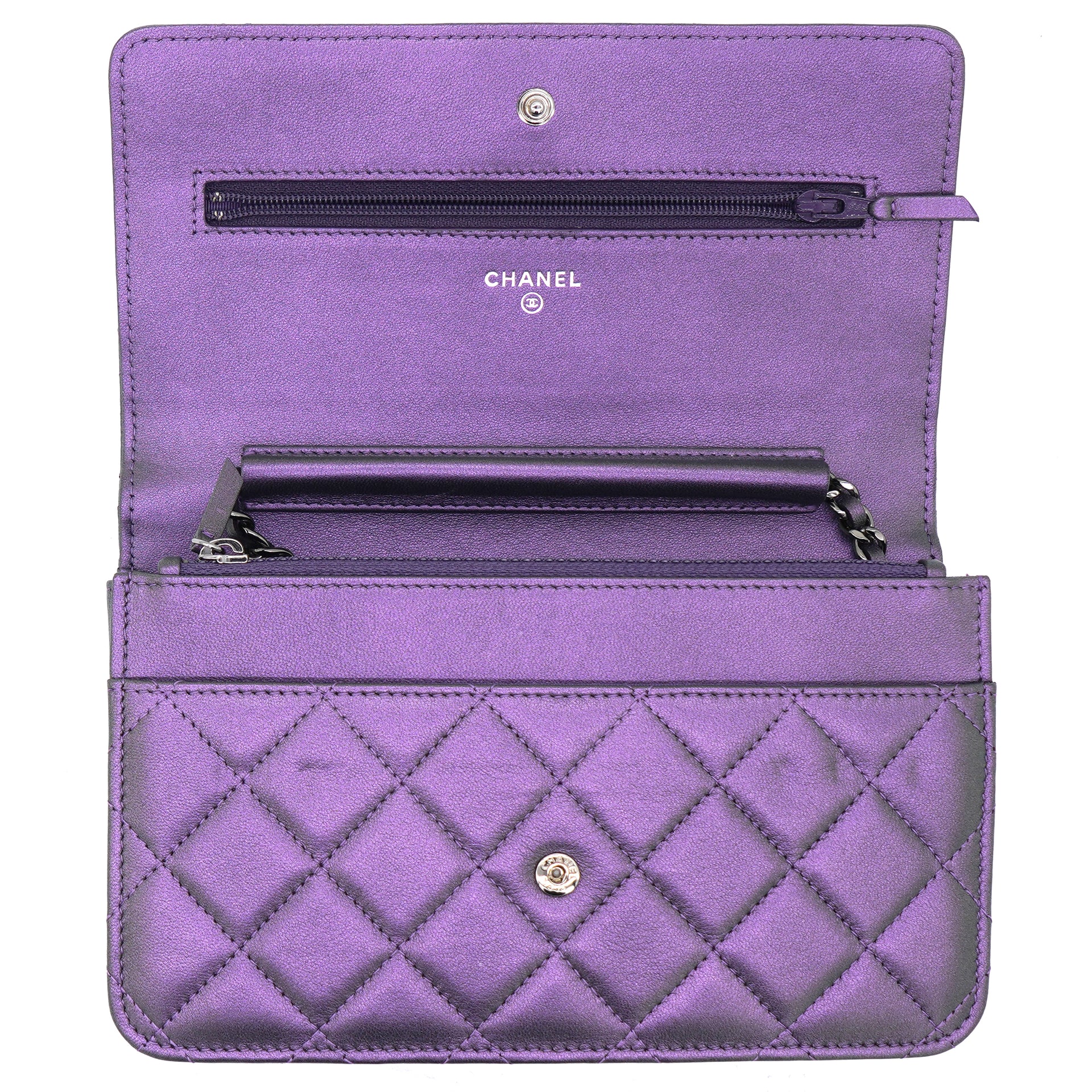 Lambskin Quilted Wallet On Chain Iridescent Purple