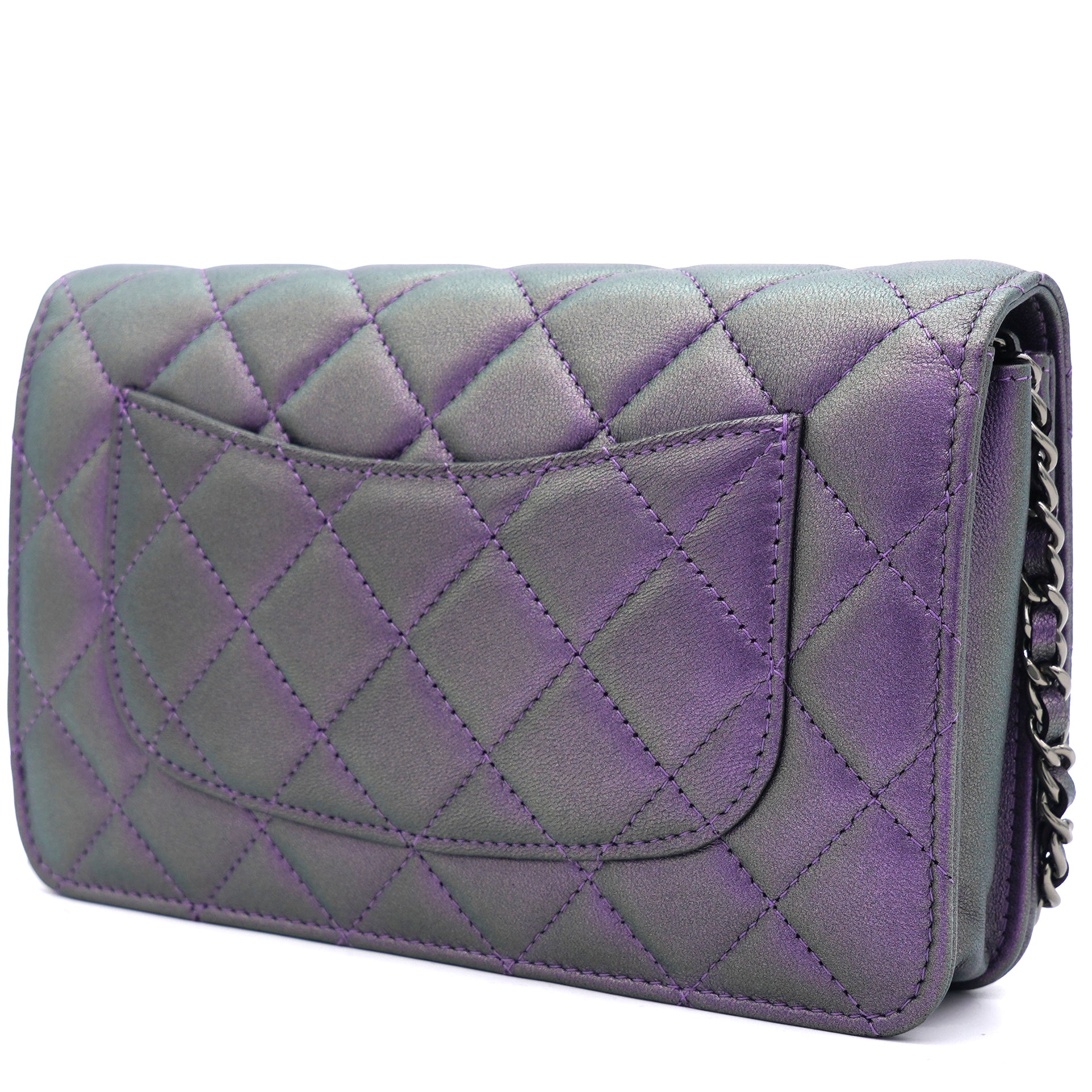CHANEL Iridescent Goatskin Quilted Wallet On Chain WOC Purple | FASHIONPHILE