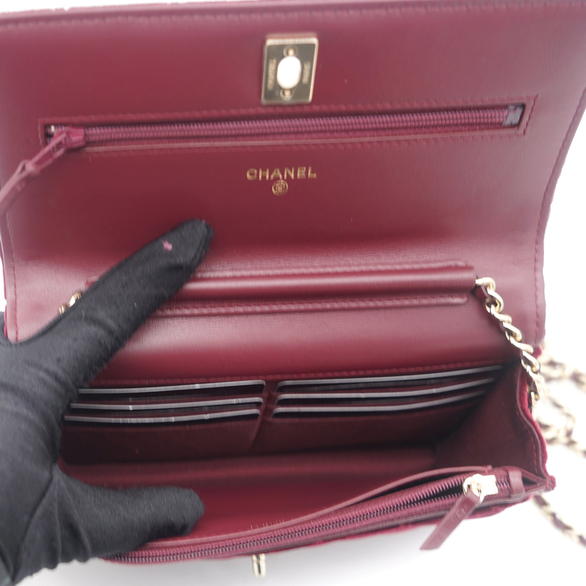 Chanel Velvet Quilted Pearl Crush Wallet On Chain WOC Burgundy