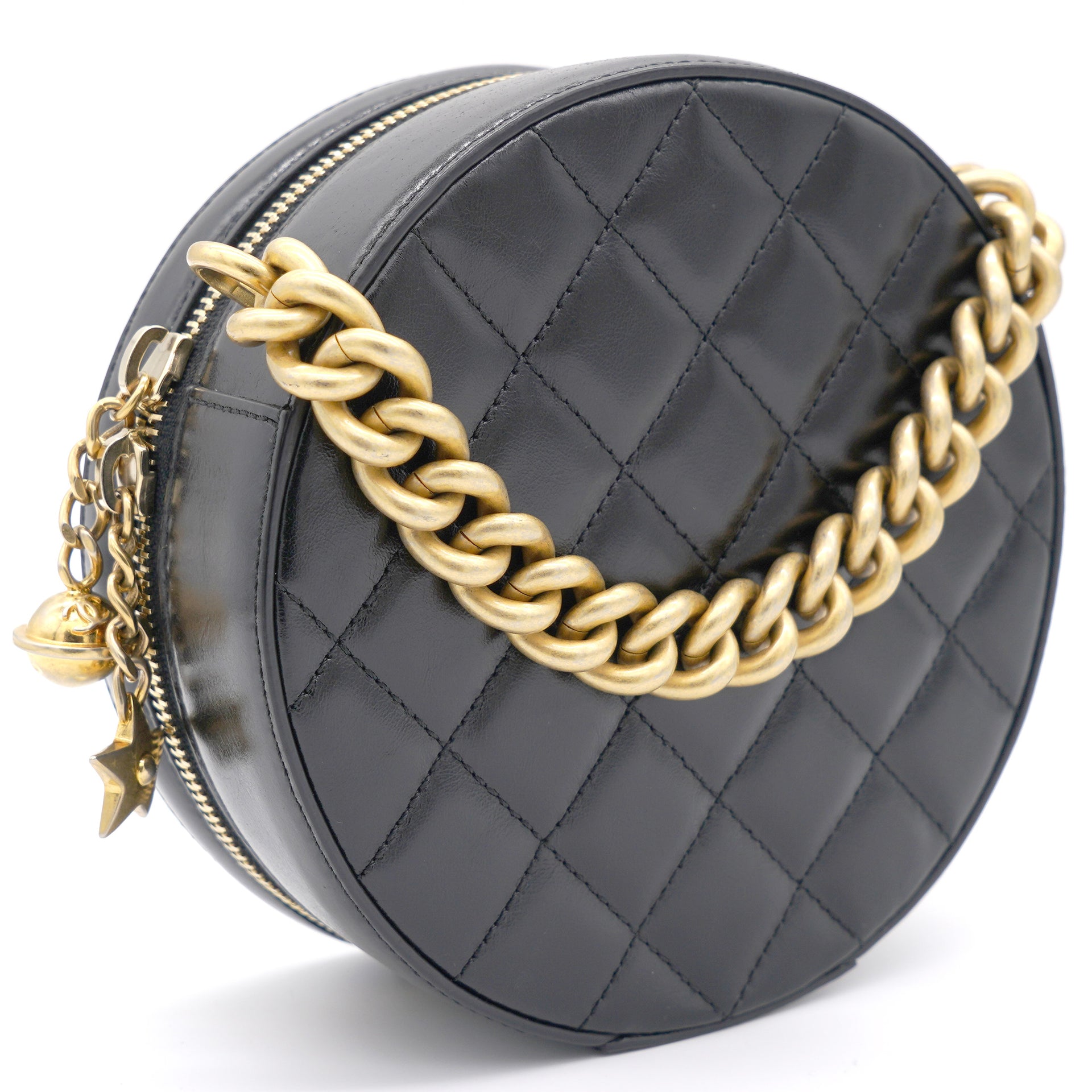 Black Quilted Leather Small Round Bag