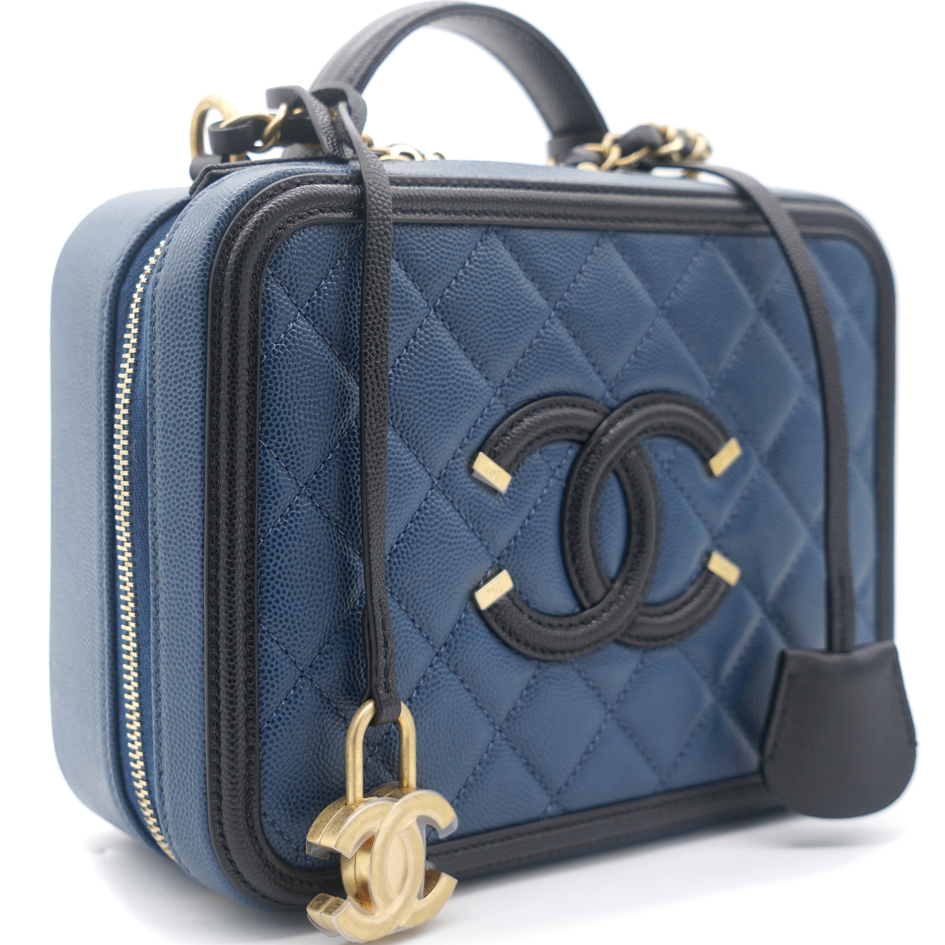 Authenticated Chanel CC Filigree Caviar Vanity Case Black Leather Bag