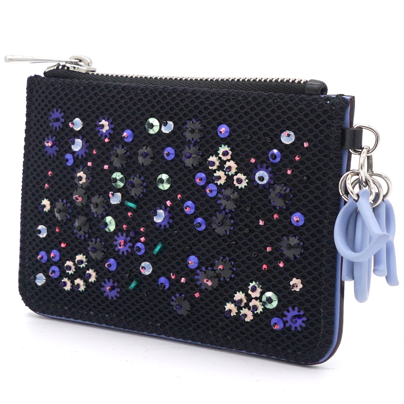 Navy Blue Fabric Sequins Lady Dior Card Holder