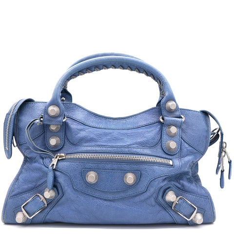 Blue Leather Silver Giant Hardware City Tote