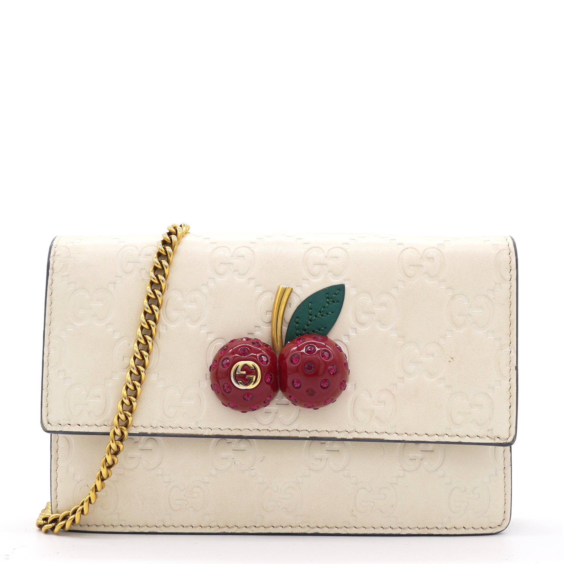 White Guccissima Leather Mini Cherry Chain Shoulder Bag