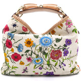 White Flora Canvas and Leather Small Horsebit Hobo