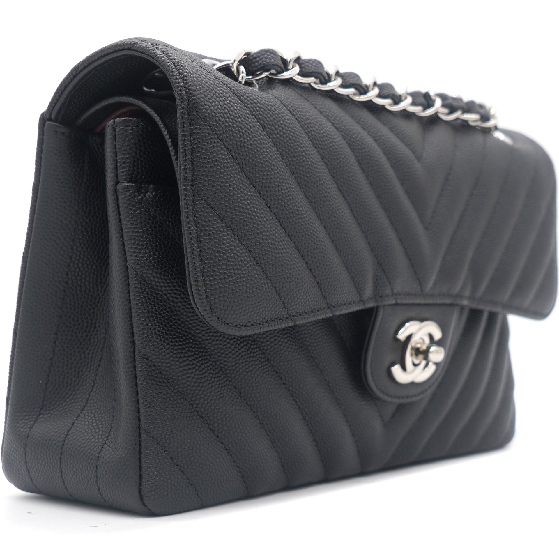 Chanel Silver Chevron Quilted Metallic Caviar Square Mini Flap Bag