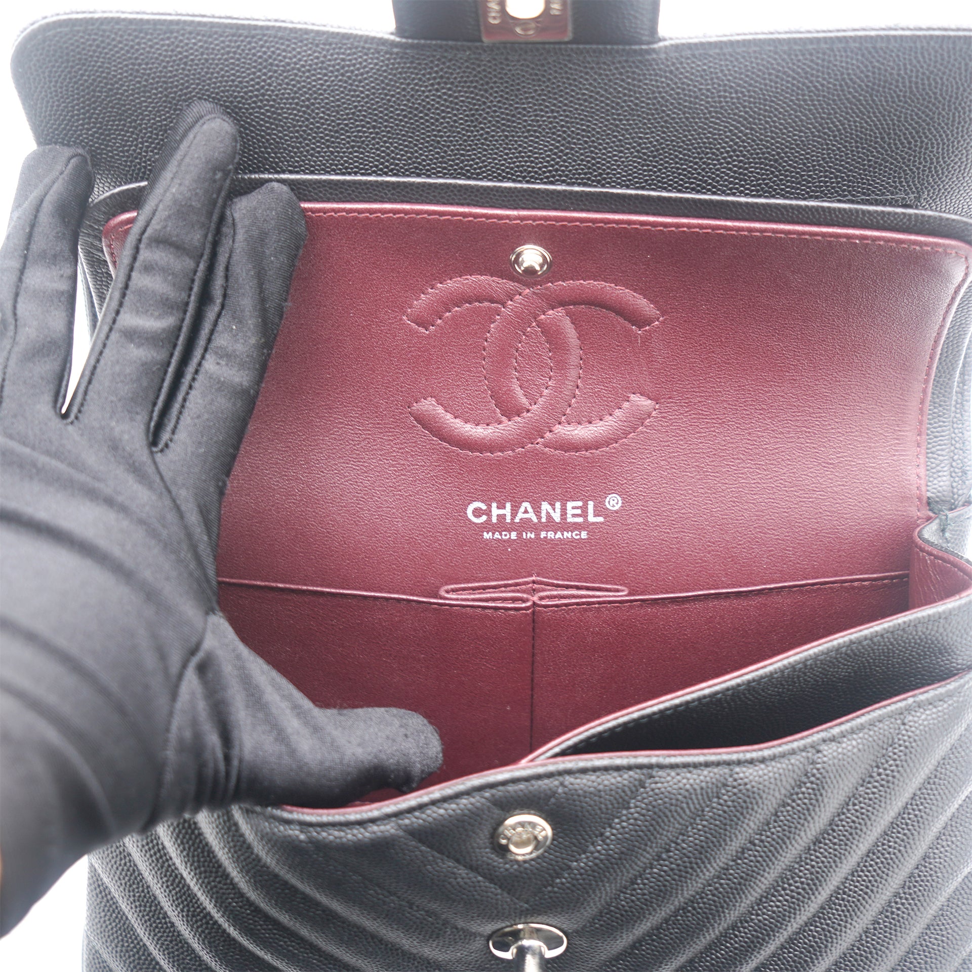 Chanel Black Chevron Calfskin Small Classic Double Flap Silver